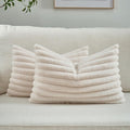 FUTEI Light Beige Decorative Throw Pillow Covers Set of 2, 12x20 Inch Soft Fluffy Faux Fur Plush Striped Lumbar Pillowcases, Modern Home Decor for Couch Bed Living Room