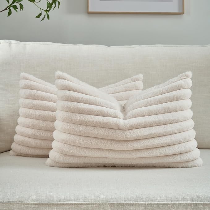 FUTEI Light Beige Decorative Throw Pillow Covers Set of 2, 12x20 Inch Soft Fluffy Faux Fur Plush Striped Lumbar Pillowcases, Modern Home Decor for Couch Bed Living Room