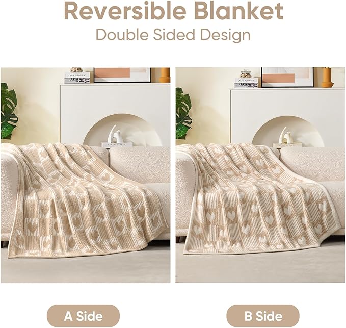 Snuggle Sac Heart Checkered Throw Blanket for Women,Love Blanket Heart Blankets for Her Wife Girlfriend Mom,Super Soft Warm Fluffy Faux Fur Blanket for Couch Sofa Bed,Beige Heart,60x80 inches