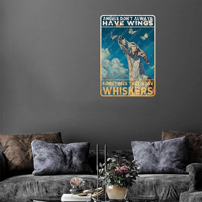 snowsun Vintage Metal Signs Greyhound Dog Angels don't Always Have Wings Sometimes They Have Whiskers Funny Tin Sign Wall Decor for Living Room Bedroom Garden Yard Bar Cafe 8×12 Inches