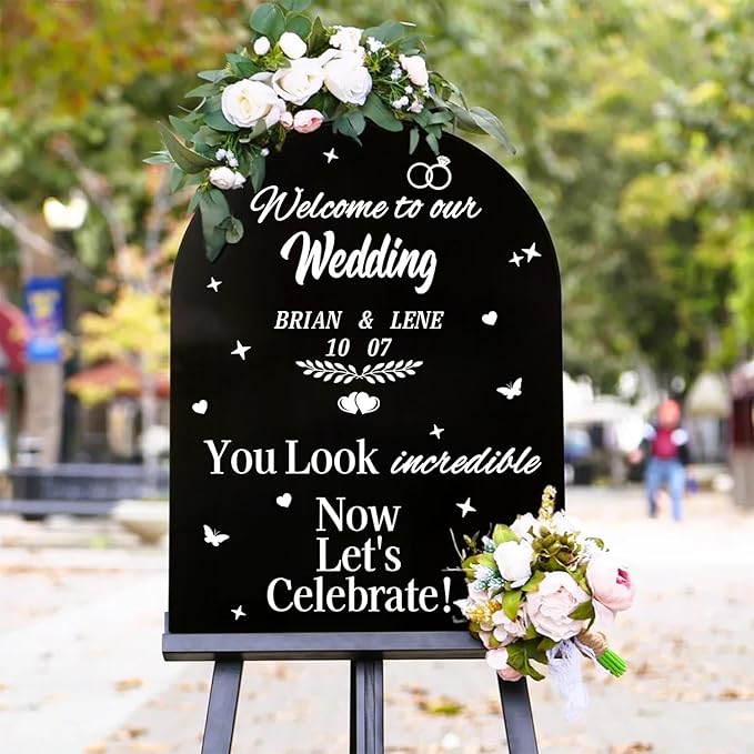HLNIUC Welcome To Our Wedding Mirror Stickers Double-Sized 2Pcs,DIY Vinyl Lettering Wedding Wall Decal,Bride And Groom Names Decals for Mirrors Window Sign Marriage Decoration(Classic Style,White)