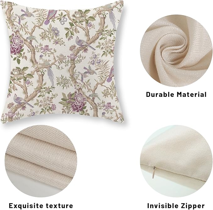 Chinoiserie Pillow Covers 20x20 Set of 2 Purple Green Floral Bird Throw Pillows Vintage Flowers Bird Decorative Pillow Cases Outdoor Chinoiserie Decor Farmhouse Cushion Case for Couch Sofa