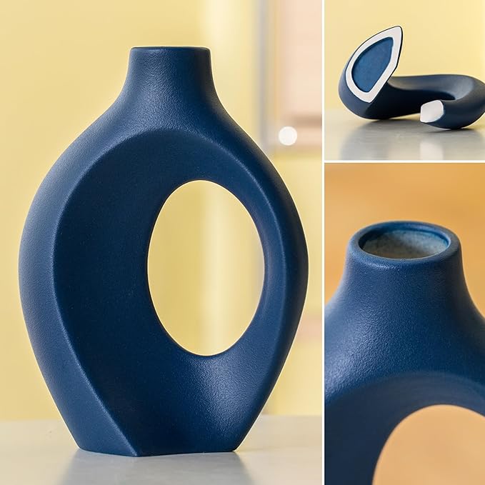 Liotww Snuggle Hollow Ceramic Vase Set of 2, 8.4 Inch Hug Donut Modern Nordic Boho Style Vases for Home Decor Anthropologie Aesthetic Living Room Shelf Coffee Table Decorative (Navy Blue)