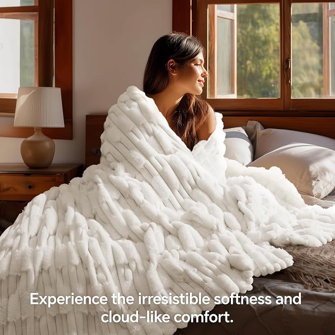 BEDELITE Faux Fur Twin Blanket for Couch - Super Soft & Cozy Plush Striped Blanket for Sofa and Room Decor, Luxury Fluffy All-Season Blankets Gift for Women, Men, Mom, Dad, 60x80 inch, Cream