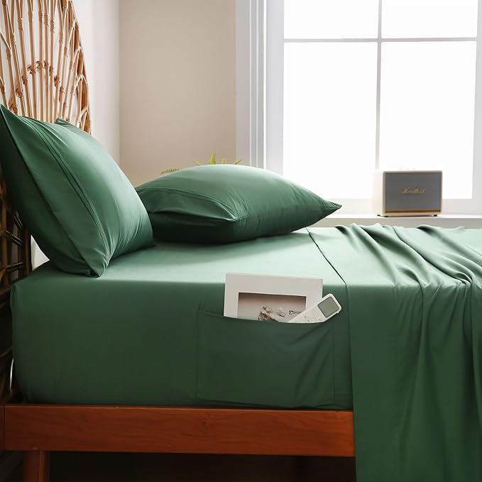 JSD Hunter Green Full Sheet Set with Side Pocket Corner Straps, 4 Piece Soft Microfiber Bed Sheets Extra Deep Pocket