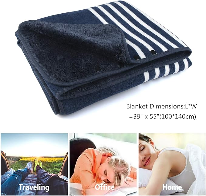 forestfish Fleece Wearable Blanket, Plaid Lap Blanket Comfy Poncho Throw with Buttons for Bed Sofa Office, Blue-White