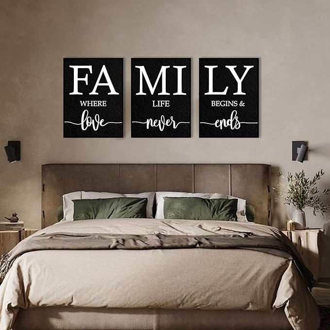 Family Where Life Begins And Love Never Ends Wall Art: 3 Piece Family Quotes Wall Art Prints Framed 12"x16",Love Signs Wall Decor Above Bed,Farmhouse Wall Decor for Living Room Dining Room