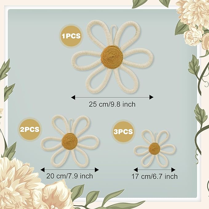 6 Pcs Boho Nursery Daisy Wall Decor, Woven Flowers Wall Hanging Art, Beige Boho Floral Room Decor with Lanyard for Office, Toddler Baby Little Girls Kids Home Bedroom Above Bed Decorations (Beige)