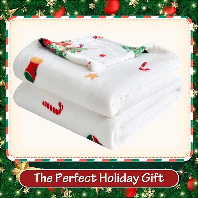 Christmas Blanket - White Holiday Throw with Santa Claus & Snowman - Warm Cozy Fleece Winter Blanket, 60x80 Inches，White