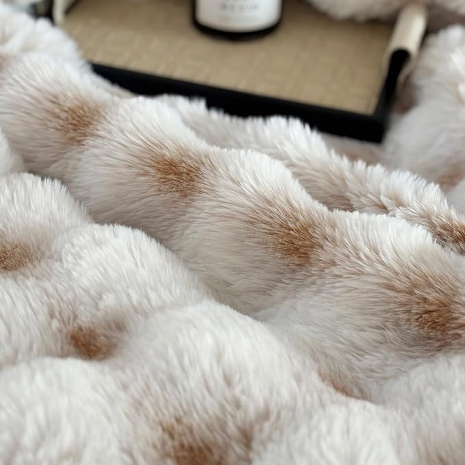 Luxury 1000GSM Throw Blanket, 60x80 Inches, Ultra Soft Double-Sided 3D Bubble Textured Faux Rabbit Fur, Frosted Khaki & White, Reversible High-Density Plush Warm Blanket for Sofa & Bed