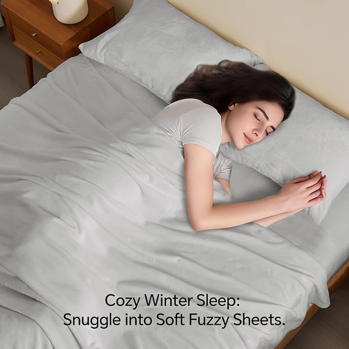 BEDELITE Flannel Sheets Twin Size Light Grey - Super Soft Fleece Sheets Set Fluffy Extra Plush, 3 Piece(Include Fitted Sheet, Flat Sheet, 1 Pillowcase)