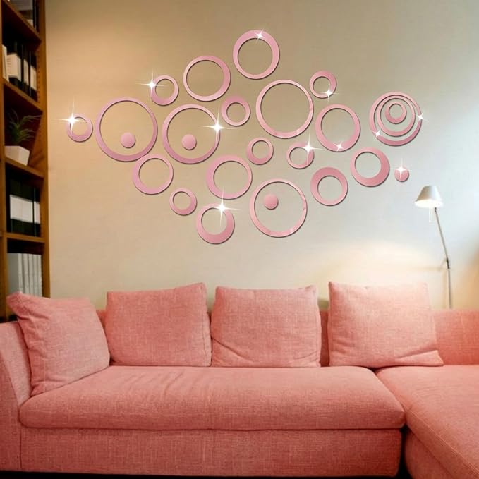 Outus 72 Pieces Acrylic Circle Mirror Wall Sticker Round Wall Decor Decals Removable DIY Adhesive for Living Room Bedroom Home Decoration (Pink)