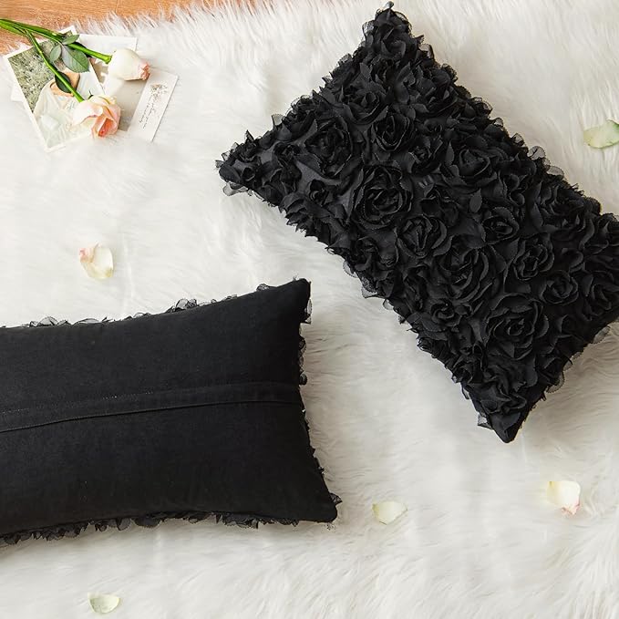 MIULEE 3D Rose Flower Pillow Cover Decorative Spring Floral Romantic Stereo Chiffon Aesthetic Solid Pillowcase for Girl Bedroom Living Room Decor 12x20 Inch Black