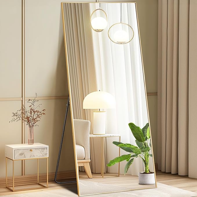 Mirror Full Length, Upgraded Body Wall Mirrors with Shatter-Proof Glass, Floor Standing, Hanging or Leaning, Tall Mirror with Stand Aluminum Alloy Frame for Bedroom