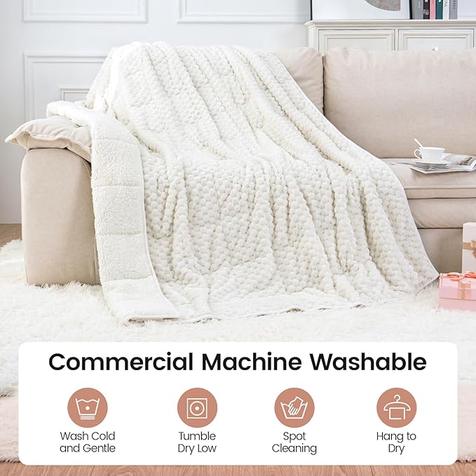 Super Fuzzy Soft Fleece Sherpa Weighted Blanket 15 lbs for Adults, 3D Imitation Turtle Shell Luxury Weighted Throw for Better Sleep, Dual Sided Cozy Blankets for Couch Bed, Cream White, 60" x 80"