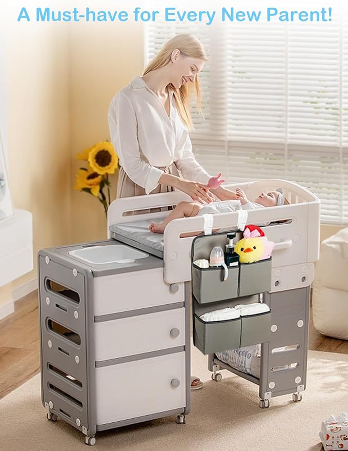 Hanging Diaper Organizer for Crib/Playard/Bassinet/Playpen – Hold 80+ Diapers - Changing Table Diaper Holder - Hanging Diaper Storage Stacker Nursery Caddy Organizer for Newborns (Silver-gray)