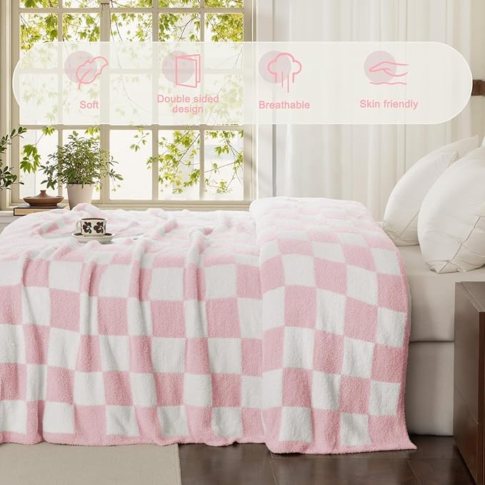 Whale Flotilla Checkered Knit Throw Blanket, Ultra Soft Warm Reversible Cozy Decorative Blankets for Couch Sofa and Bed, 50x60 Inch, Pink