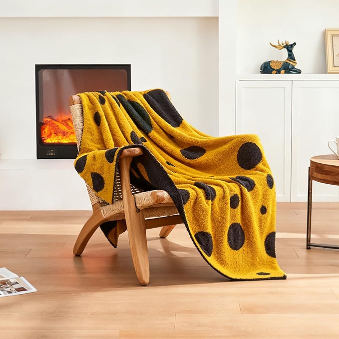 CozeCube Super Soft Fullfy Microfiber Reversible Knitted Blankets, Warm Cozy Fuzzy Plush Throw, Black and Yellow Polka Dot Throw Blanket for Couch Bed Sofa, 60" x 80"