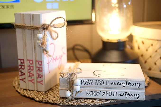LIVDUCOT Faux Books for Christian Decoration, Decorative Wooden Book Stack for Bible Verse Home Decor - Pray About Everything Worry About Nothing Sign