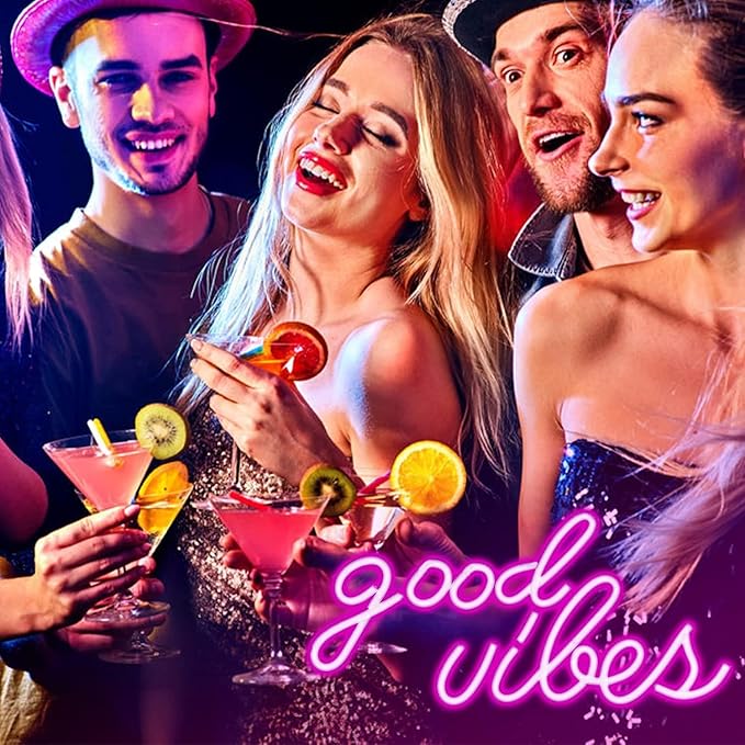 DECANIT Good Vibes Neon Sign Pink, Aesthetic LED Light for Wall Decor, Bedroom, College Dorm, Studio, USB Powered 3D Night Lamp for Birthday Gift, Party Background, 16.1x8.3 Inch