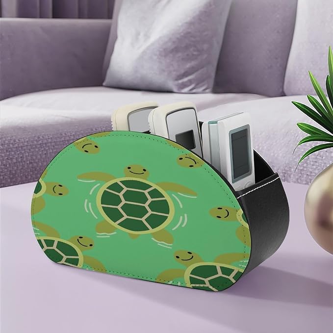 Green Turtles Remote Control Holder Organizer Box with 5 Compartment PU Leather Bedside Storage Caddy Remote Organizer for Controller Media Player Pen/Pencil Storage