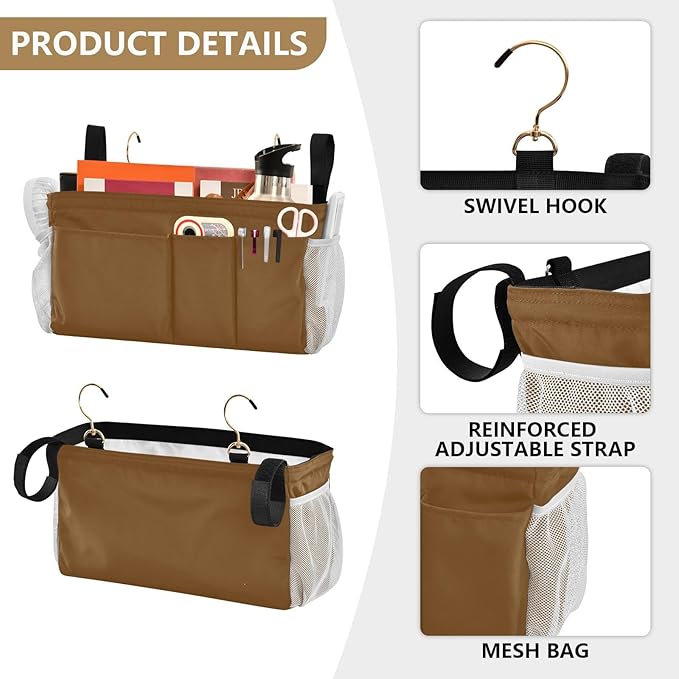 DOMIKING Brown Bedside Caddy for Dorm Bed Recliner Armrest Organizer with Hooks Haning Storage Bags for Rails Headboards Bunk Bed