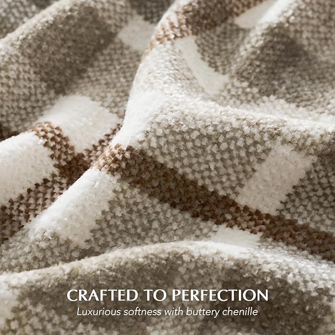 EverGrace Plaid Chenille Throw Blanket for Couch, Super Soft Cozy Decorative Farmhouse Plaid Throw with Tassels, Lightweight Chenille Knit Throw for Bed Sofa Gift Home Decor, Beige 60”x80”