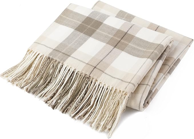 BATTILO HOME Fall Plaid Throw Blanket for Couch, Farmhouse Checkered Decor Throw, Lightweight Beige Throw Blankets for Bed Sofa Neutral Fall Decor, 49"x63"