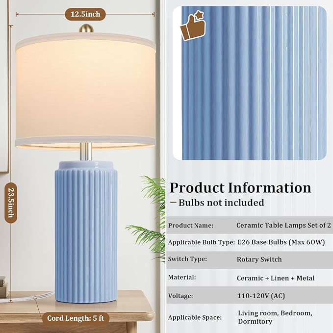 TOBUSA 23.5’’ Sky Blue Farmhouse Table Lamps for Living Room Set of 2, Modern Elegant Ceramic Bedside Nightstand Lamps with White Linen Shade for Bedroom, Coastal Lamps Set for Study Home Office