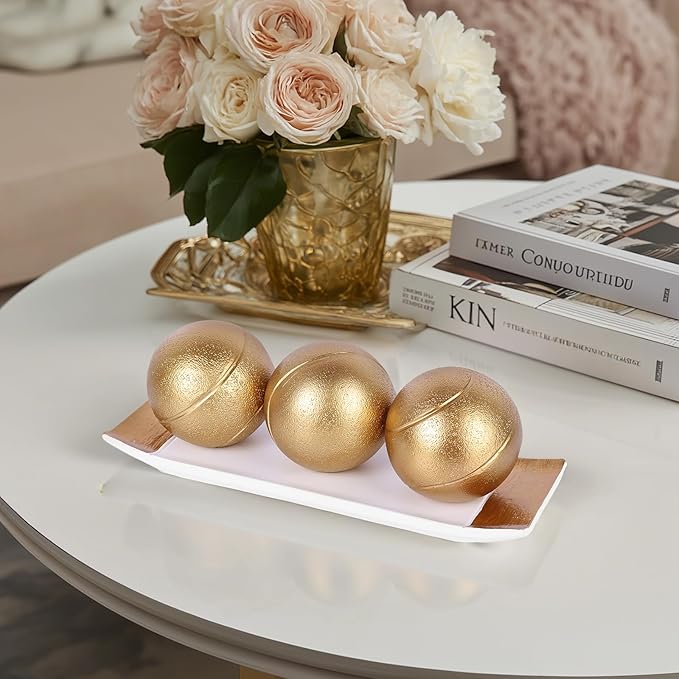 LCCCK Decorative Tray with Balls Set, White Gold Decor Orbs TV Stand, Coffee Table Centerpiece, Elegant Orbs Decorative Balls for Dining Kitchen Console Fireplace Decor Centro De Mesa De Comedor