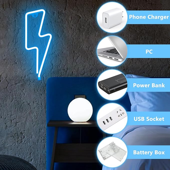 Neon Signs Lightning Bolt Neon Light Sign for Wall Decor, Battery or USB Powered Led Lightning Light Neon Sign for Bedroom Kids Room Birthday Party Wedding Home Decorations