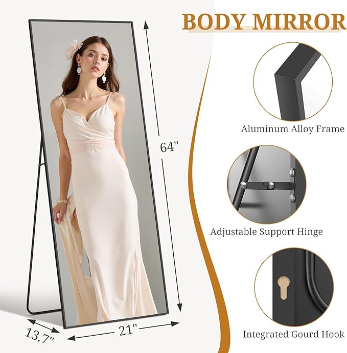 Full Length Mirror 64"x21" Full Body Mirror Rectangle Free Standing Wall Mounted Leaning Floor Mirrors with Stand Aluminum Alloy Frame for Bedroom Cloakroom, Black