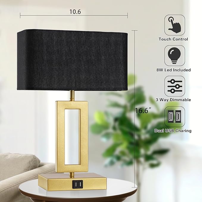 Black Table Lamps Set of 2 with Dual USB Ports,3-Way Dimmable Touch Control Bedside Lamps,Modern Bedroom Table Lamp for Living Room,Nightstand LED Bulbs Included