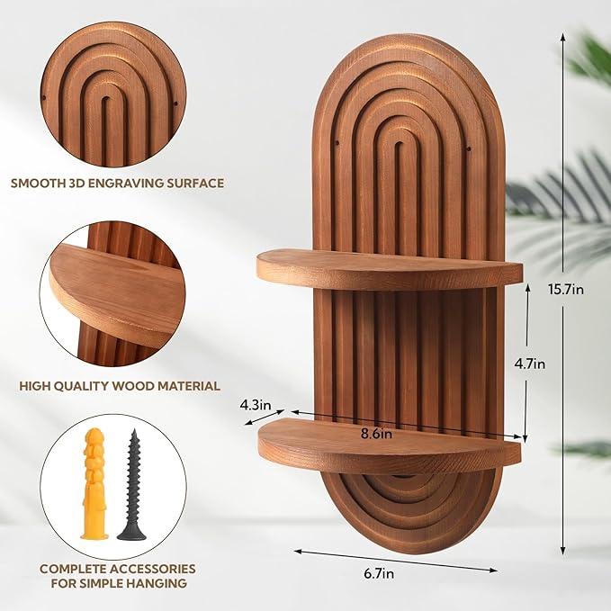 4 Pack Boho Wall Decorative Wall Shelf - Solid Wood Water Ripple Floating Shelves for Bedroom Indoor Decoration Holding Planter Ornaments, 15.6 x 8.66 Inch (Walnut)