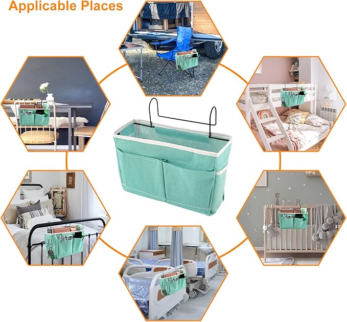 Surblue Bedside Caddy Bedside Storage Bag Hanging Organizer for Bunk, Hospital Beds, Dorm Rooms Bed Rails Camp 4 Pockets and 2 Hooks (Green)