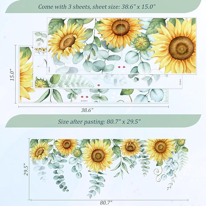 Sunflowers Floral Wall Decals Peel and Stick, Large Floral Flowers Wall Stickers, Removable Vine Home Decor Art for Bedroom Living Room Classroom Office