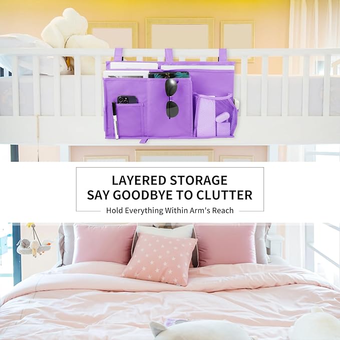 Joyfulife Bedside Caddy Bunk Bed Organizer Bedside Storage Organizer Hanging Bed Organizer Storage Bag Pocket for Bunk and Hospital Beds, College Dorm Rooms Baby Bed Rails Camp 8 Pockets (Purple)