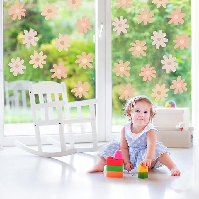 BBTO Daisy Wall Decal Flower Vinyl Wall Decals Daisy Stickers Floral Decals Peel and Stick for Nursery Art Bedroom Living Room(Simple Style,Warm Color)