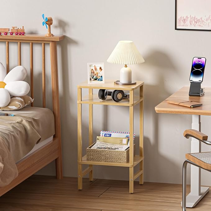 Side Table End Table Tall Night Stand 3-Tier for Living Room Bedroom Bathroom Office Furniture Natural