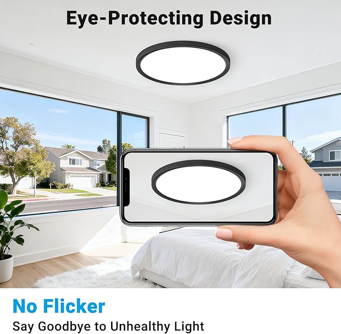LED Flush Mount Ceiling Light,12Inch 24W,3000K/3500K/4000K/5000K/6500K 5 Color Temperatures Ceiling Light Fixture for Kitchen Porch Hallway Bedroom Bathroom and Closet,Black