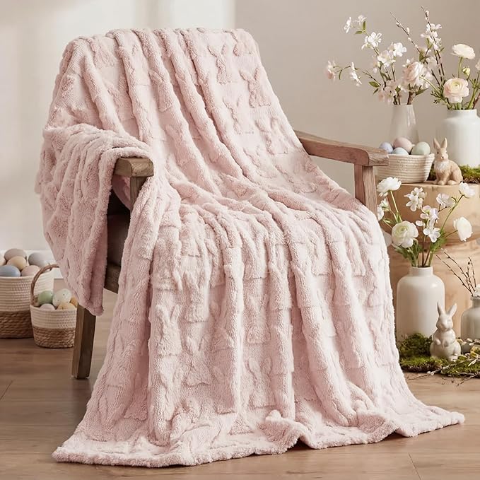 Horaldaily Easter Solid Blanket Throw, Pink Rabbits Soft Fuzzy Plush Faux Fur Cozy Blankets for Couch Sofa Bed Lounging, Ideal Gifts for Kids Adults Wife Self, 60x80