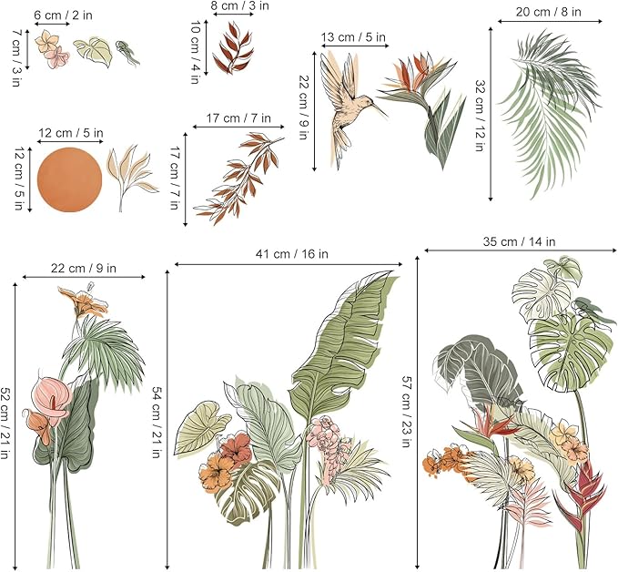 decalmile Boho Tropical Leaves Flower Wall Decals Bohemian Floral Plants Sun Wall Stickers Bedroom Living Room Office Wall Decor