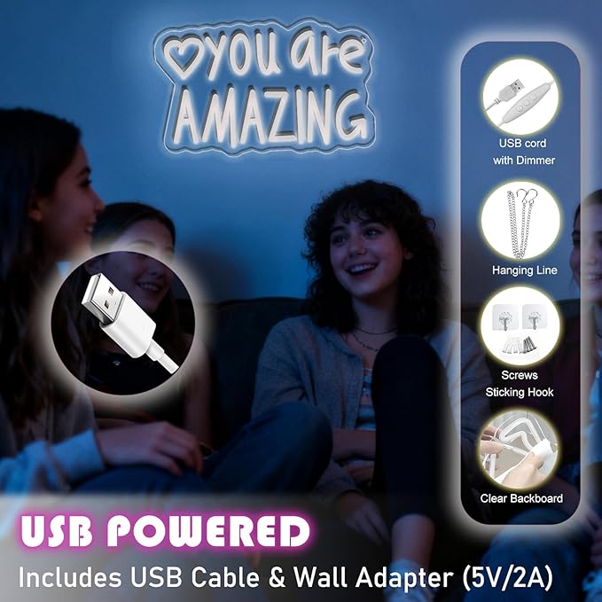 You Are Amazing Neon Sign Wall Decor for Bedroom Class Room Bar Pub Club Nursery Hanging,Dimmable USB Pink Led Light for Wedding Birthday Party Women Christmas Gifts