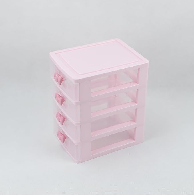 Plastic Storage Organizer for Girls – Cute Desktop Jewelry & Makeup Box with Bow Handles, Ideal for Teens’ Room Decor & School Supplies (Four Layers)