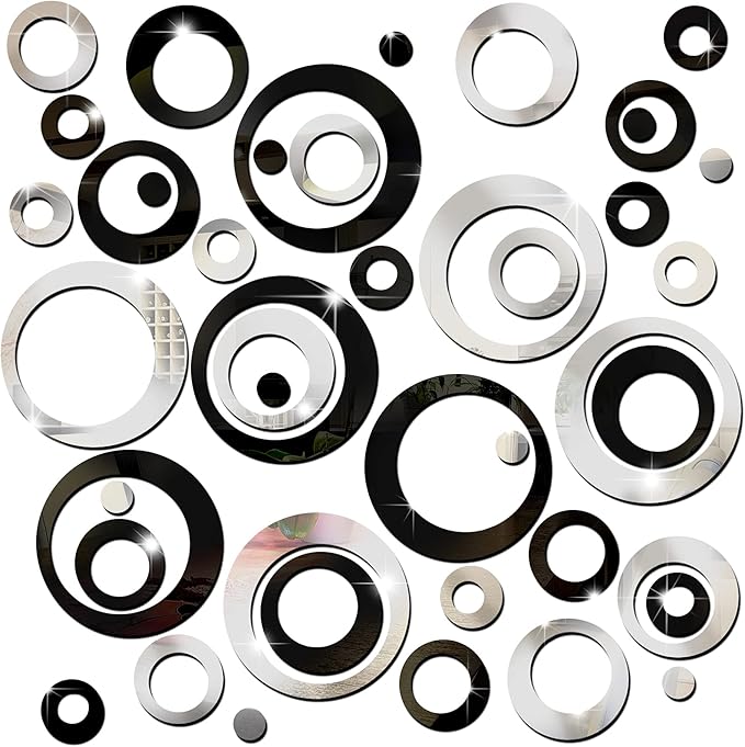 Outus 72 Pieces Wall Stickers Decor Acrylic Circle Mirror Removable Black and Sliver Wall Decor Round Dots DIY Red Living Room Decals Modern Art Murals for Home Bathroom Bedroom Decoration