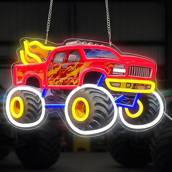 Monster Truck Neon Sign for Wall Decor, LED Dimmable Light for Boys Kids Room, Holiday Birthday Christmas Gift Decoration, 16.5 x 10 in