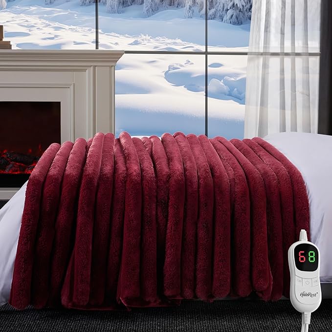 Heated Throw Blanket, Faux Fur Cozy Heating Blanket with Overheat Protection, 1/2/4/6/8 Hours Auto-Off 10 Heat Level, Machine Washable (72x84 I Inches, Red)