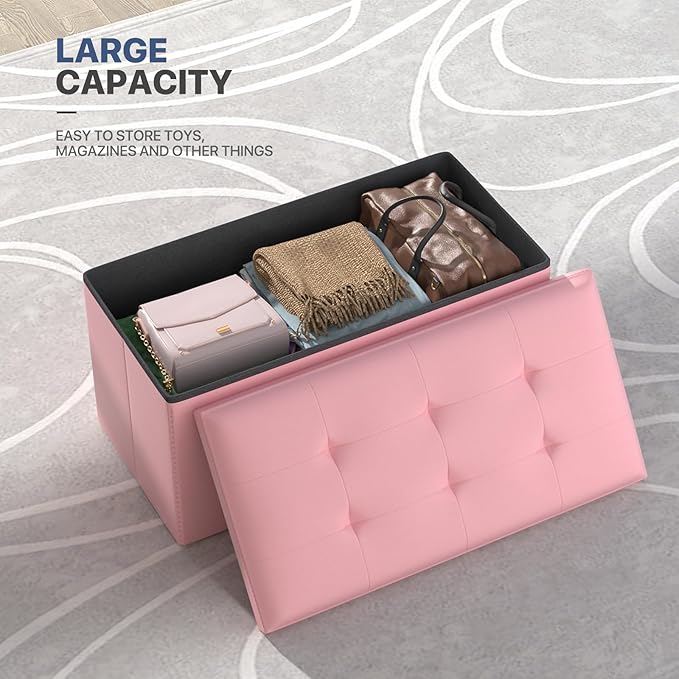 MoNiBloom 30 Inch Storage Ottoman Bench, 24 Gal. Folding Ottoman Footrest, End of Bed Bench, Rectangle Foot Stool, Supports 600 lbs, for Bedroom, Living Room, Entryway, Hallway, Light Pink