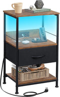 WLIVE LED Night Stand, Nightstand with Charging Station, Small Bed Side Table with Fabric Drawer and Open Shelves, Tall End Table with USB Ports & Outlets, Black and Rustic Brown