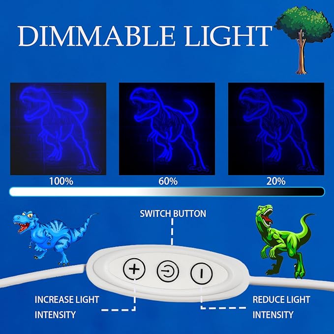 Dinosaur Neon Sign for Wall Decor, USB Dimmable Blue LED Night Light for Boys Bedroom, Jurassic Party Decorations, Birthday, Halloween and Christmas Gift, 15.5 x 13 inch